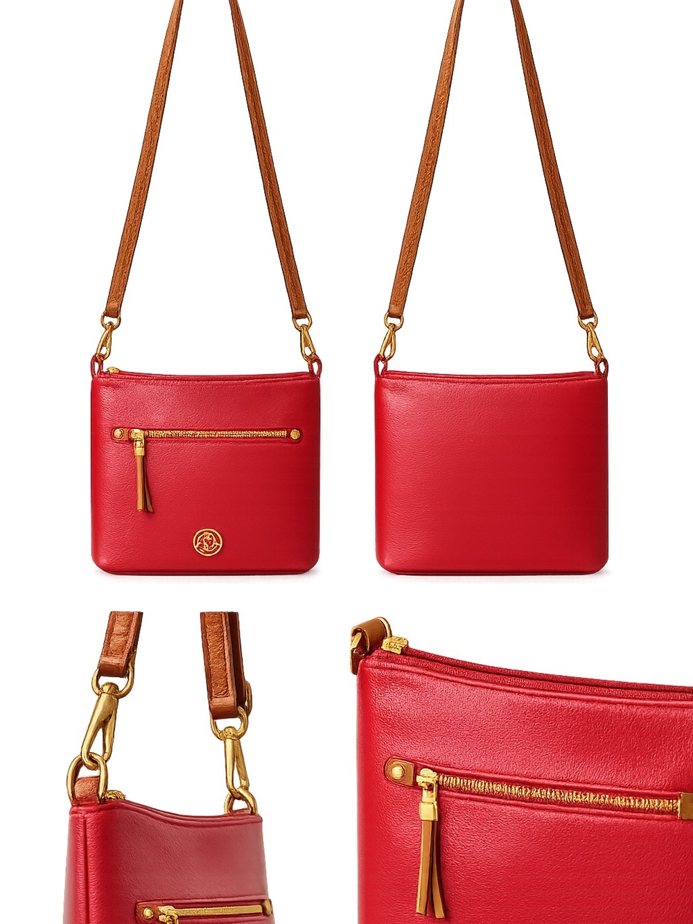 JOY Mangano Red Pebbled Crossbody Bag Gold Hardware Tan Trim